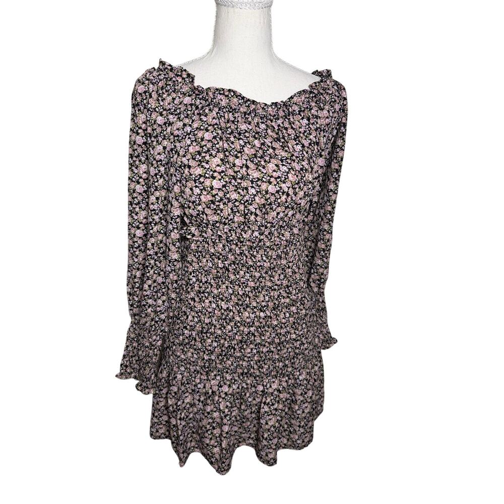 Active Usa Floral Off Shoulder Smocked Waist Long Sleeve Mini Dress